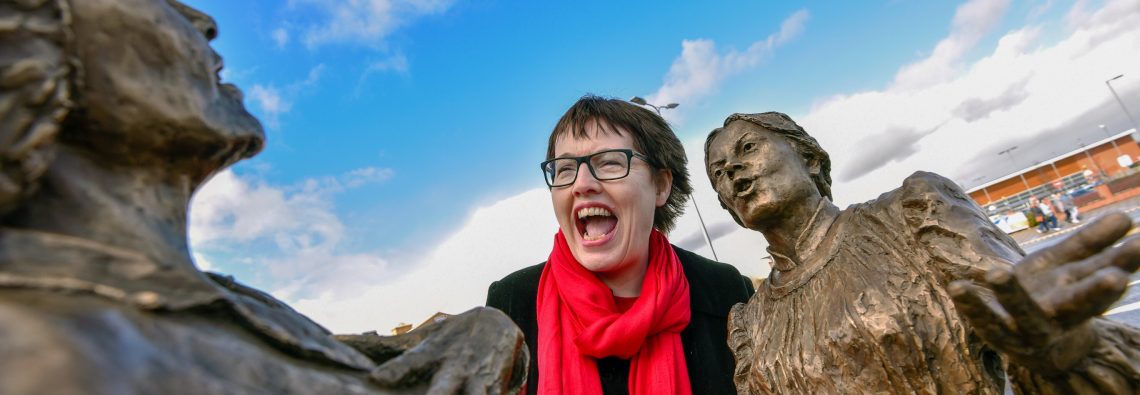 Hazel with her unveiled Cracker Packers' statue