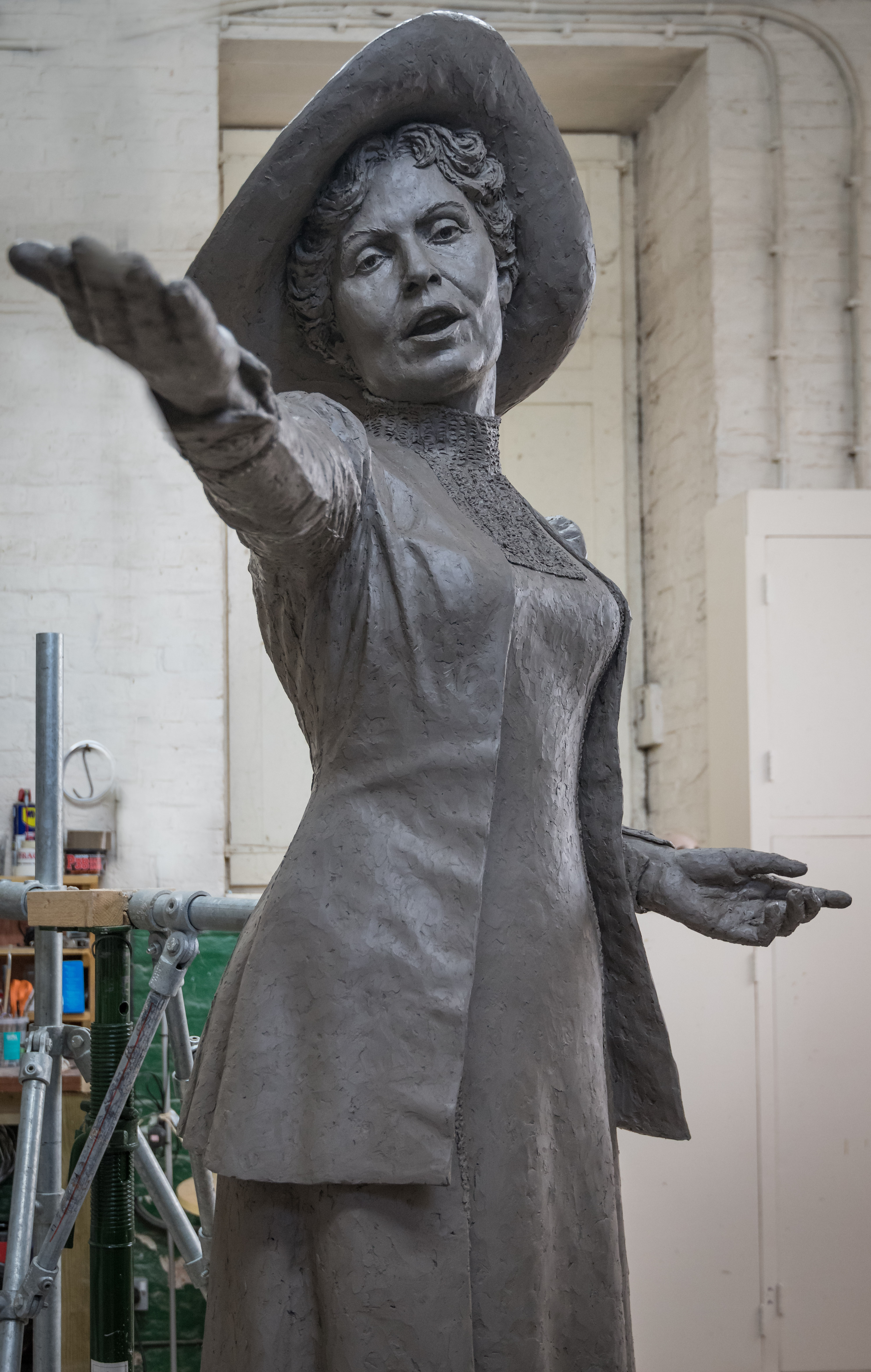 Photo of the final Emmeline Pankhurst sculpture in clay by Hazel Reeves, photo Nigel Kingston