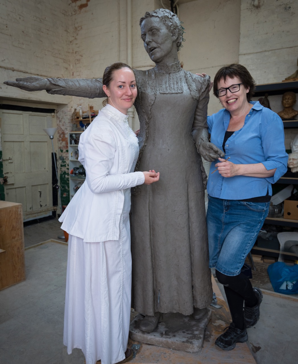Sarah Jenkins and Sculptor Hazel Reeves with Emmeline Pankhurst - photo by Nigel Kingston