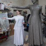 Sarah Jenkins with the Emmeline Pankhurst statue - photo by Nigel Kingston