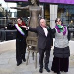Hazel Reeves, Andrew Simcock and Helen Pankhurst with the Our Emmeline statue - photo by Our Emmeline