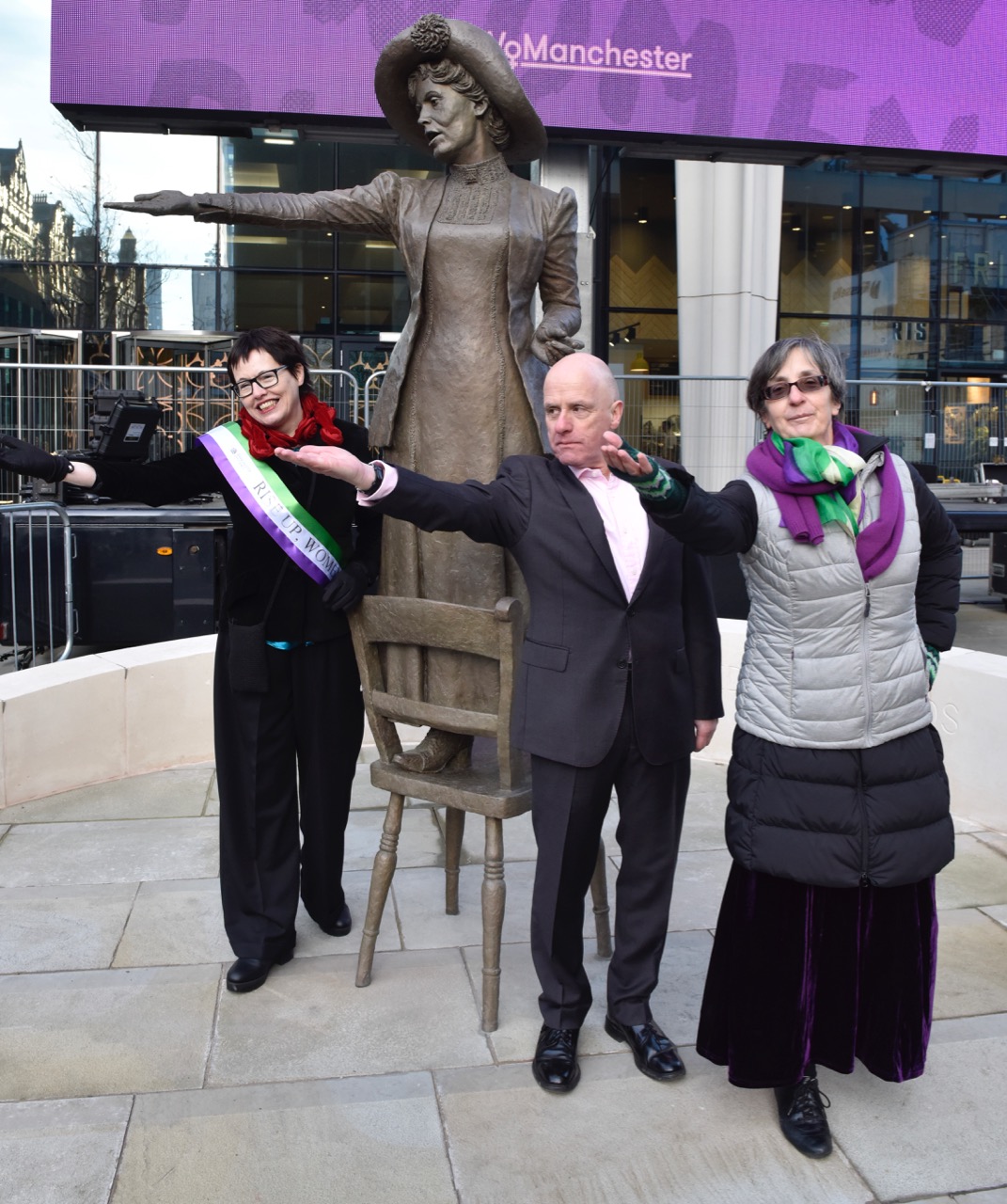 Hazel Reeves, Andrew Simcock and Helen Pankhurst with the Our Emmeline statue