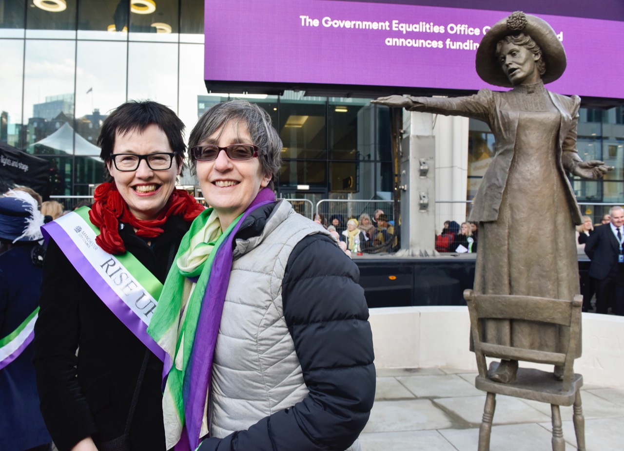 Hazel Reeves sculptor and Helen Pankhurst with Our Emmeline