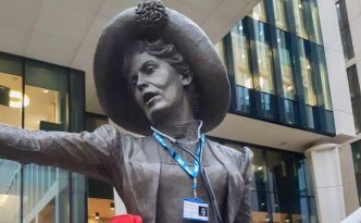 Our Emmeline statue is dressed up to promote 16 days of action against domestic abuse