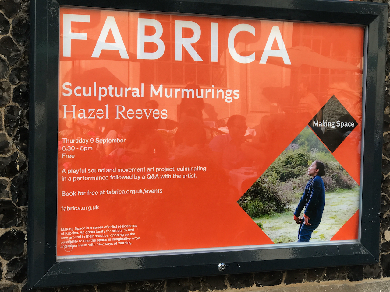 Image of the poster outside Fabrica Gallery for Hazel Reeves' Fabrica Residency: Sculptural Murmurings