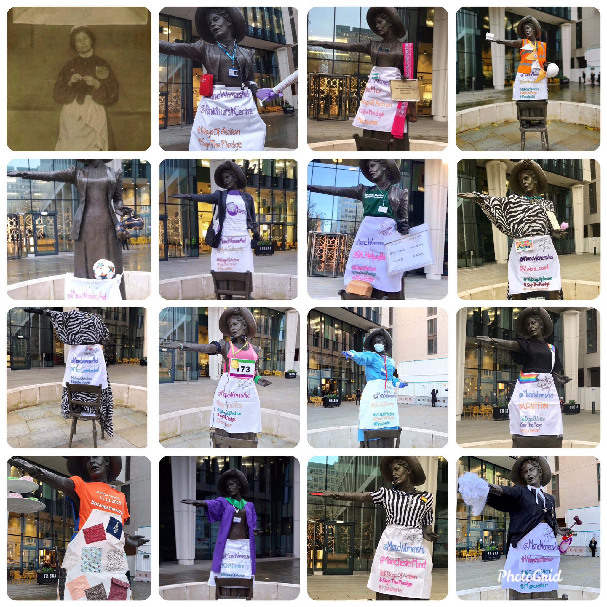 Multiple images of the our Emmeline statue dressed up to raise awareness of violence against women
